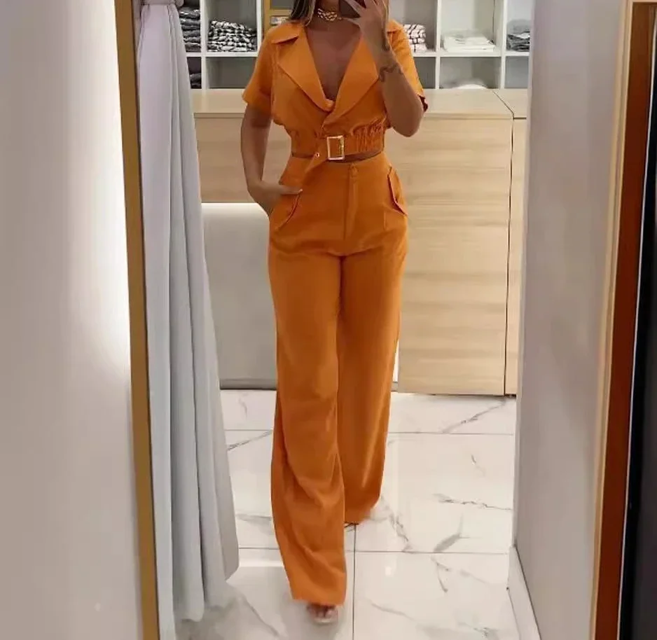 

Womens Two Peice Sets New Fashionable New Casual Lapel Short Sleeved Top Elegant Solid Color Trousers Suit with Belt Summer 2024