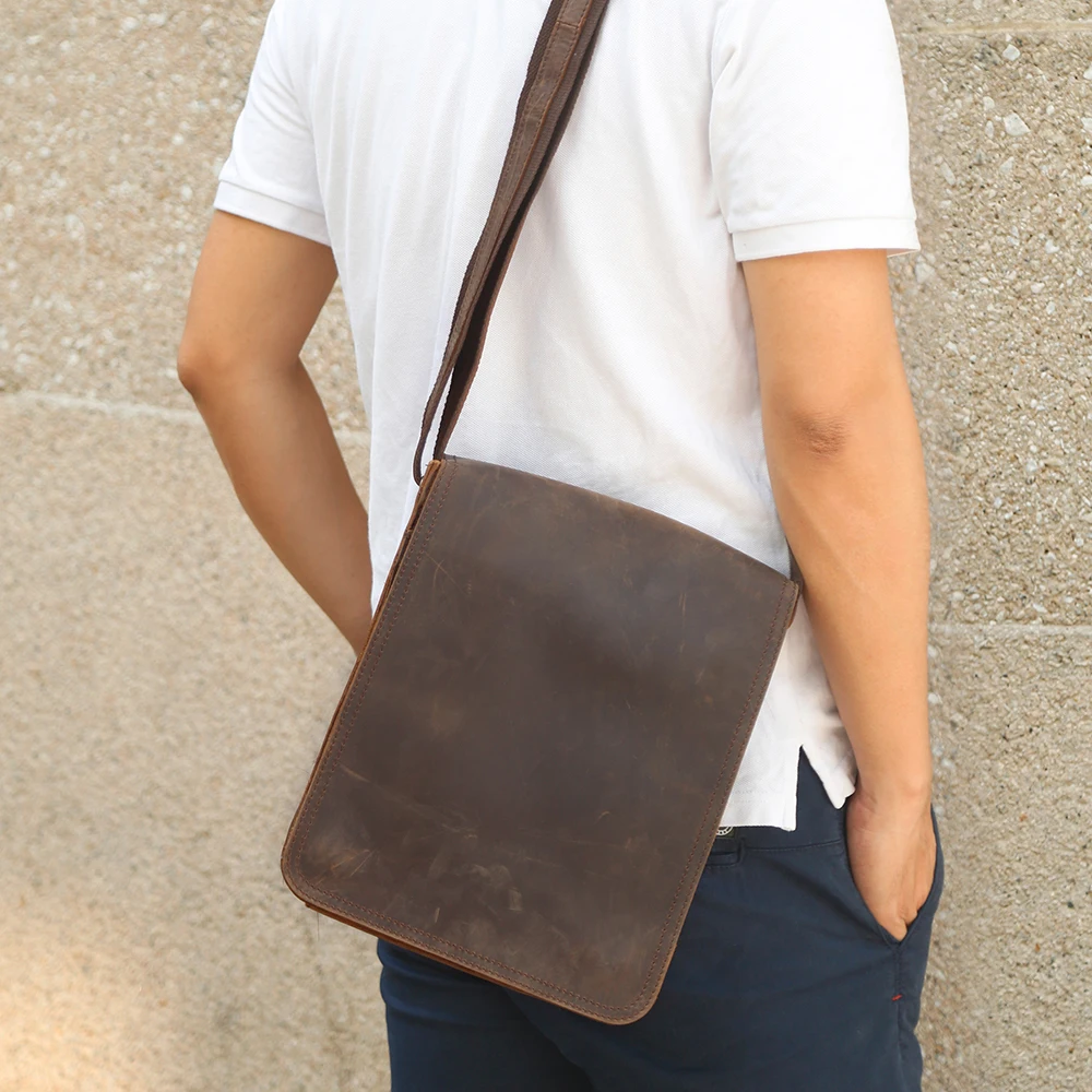 Crazy Horse Leather Crossbody Bag for Boys Large Capacity Flap Leather Versatile Retro Men\'s Bag Single Shoulder Bag