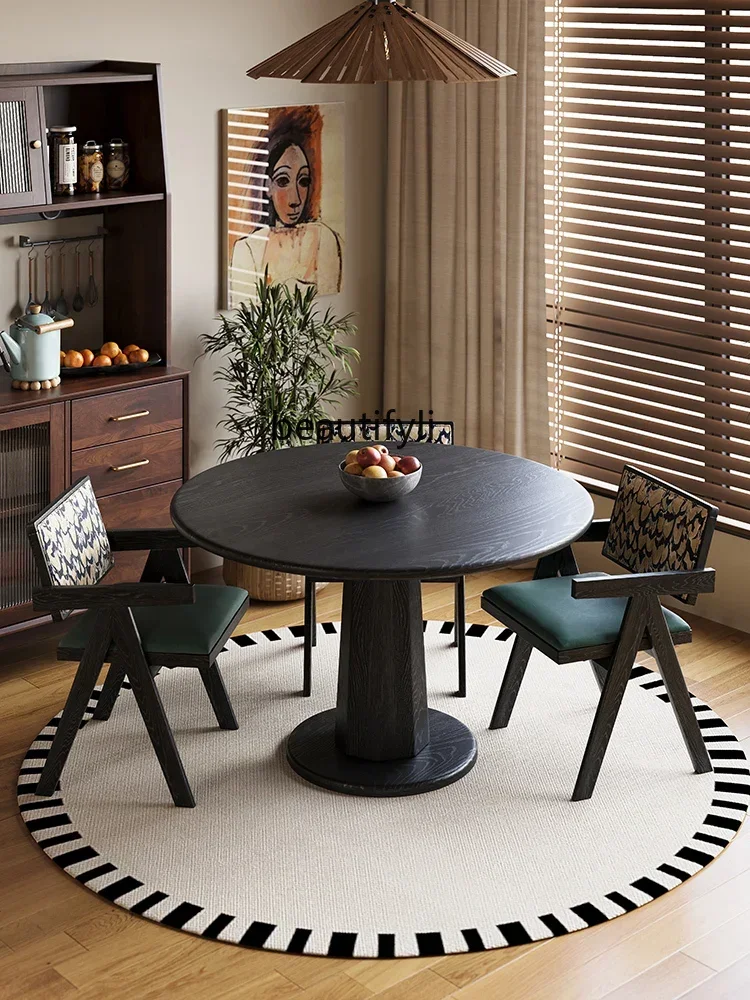17832 French retro solid wood dining table small apartment ash wood balcony negotiation table medium antique black small round t