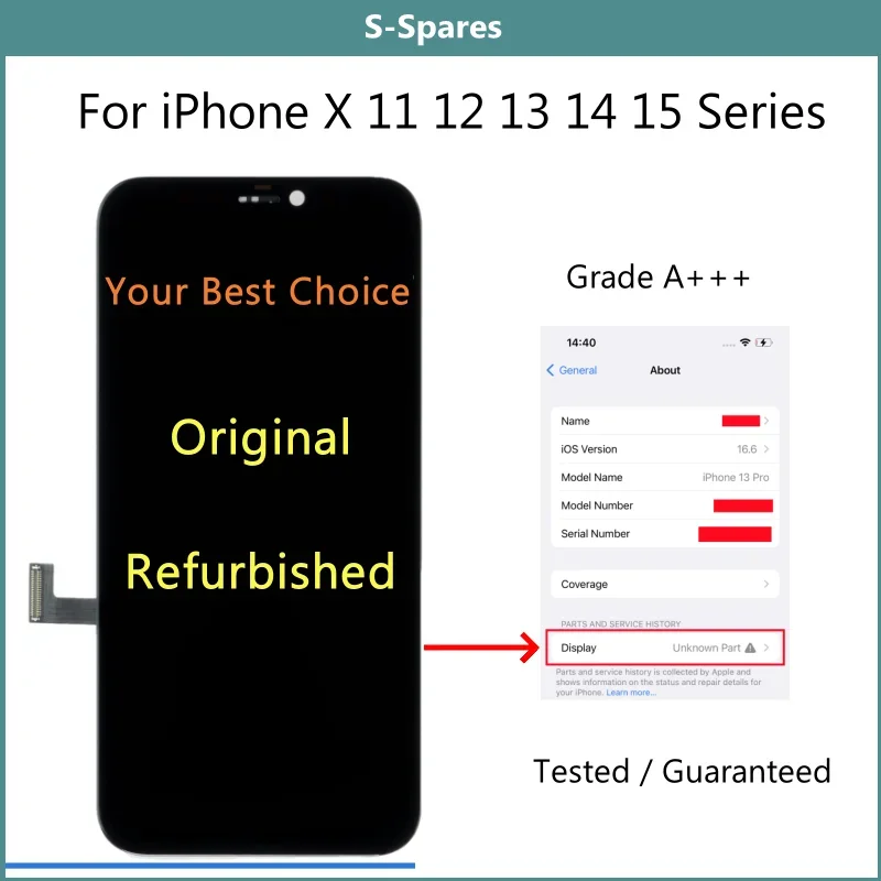 A AA Refurbished Original Screen for iPhone X XS XR 11 12 13 mini 14 Plus 15 Pro Max, LCD Display Assembly, Glass Replaced, Test