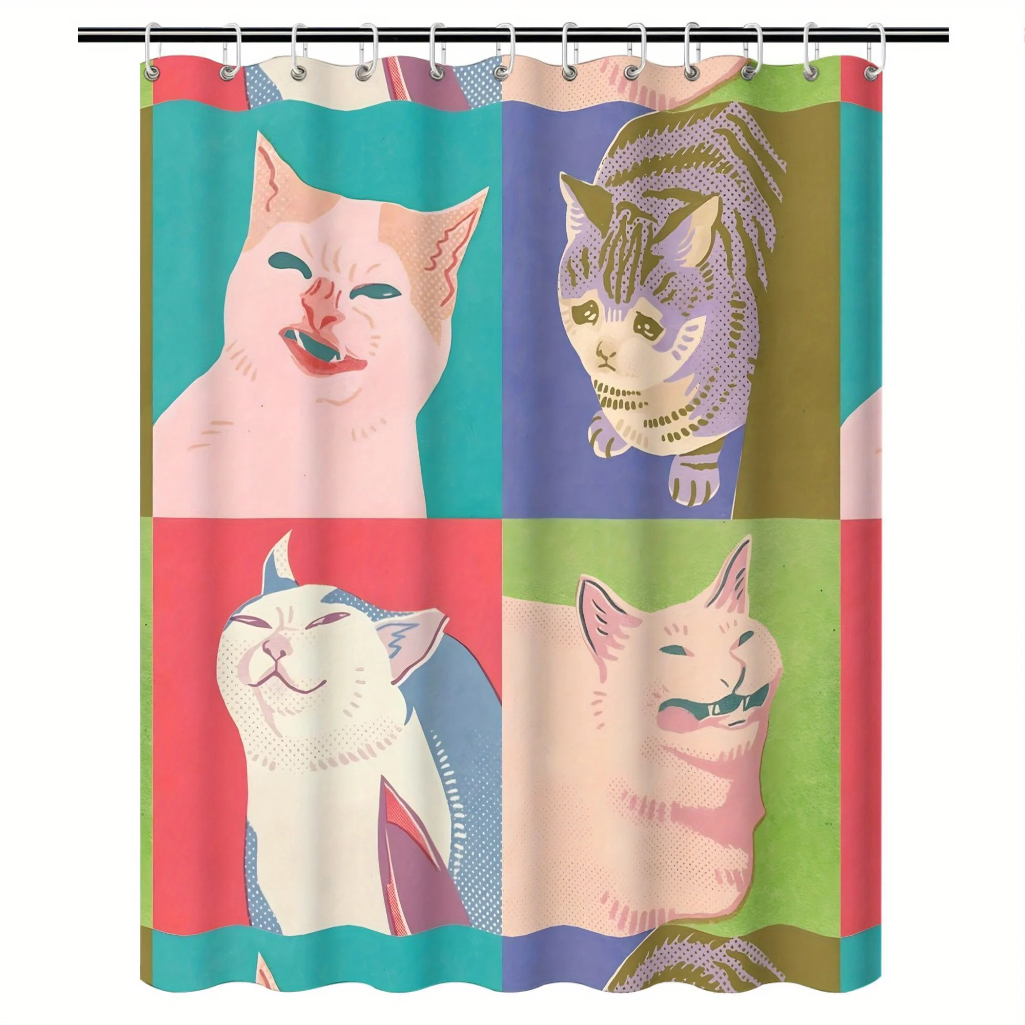 Abstract Cat Portraits Shower Curtain – Geometric Faces in Teal, Plum & Coral, Polyester, 12 Hooks, Water-Resistant, 72×72