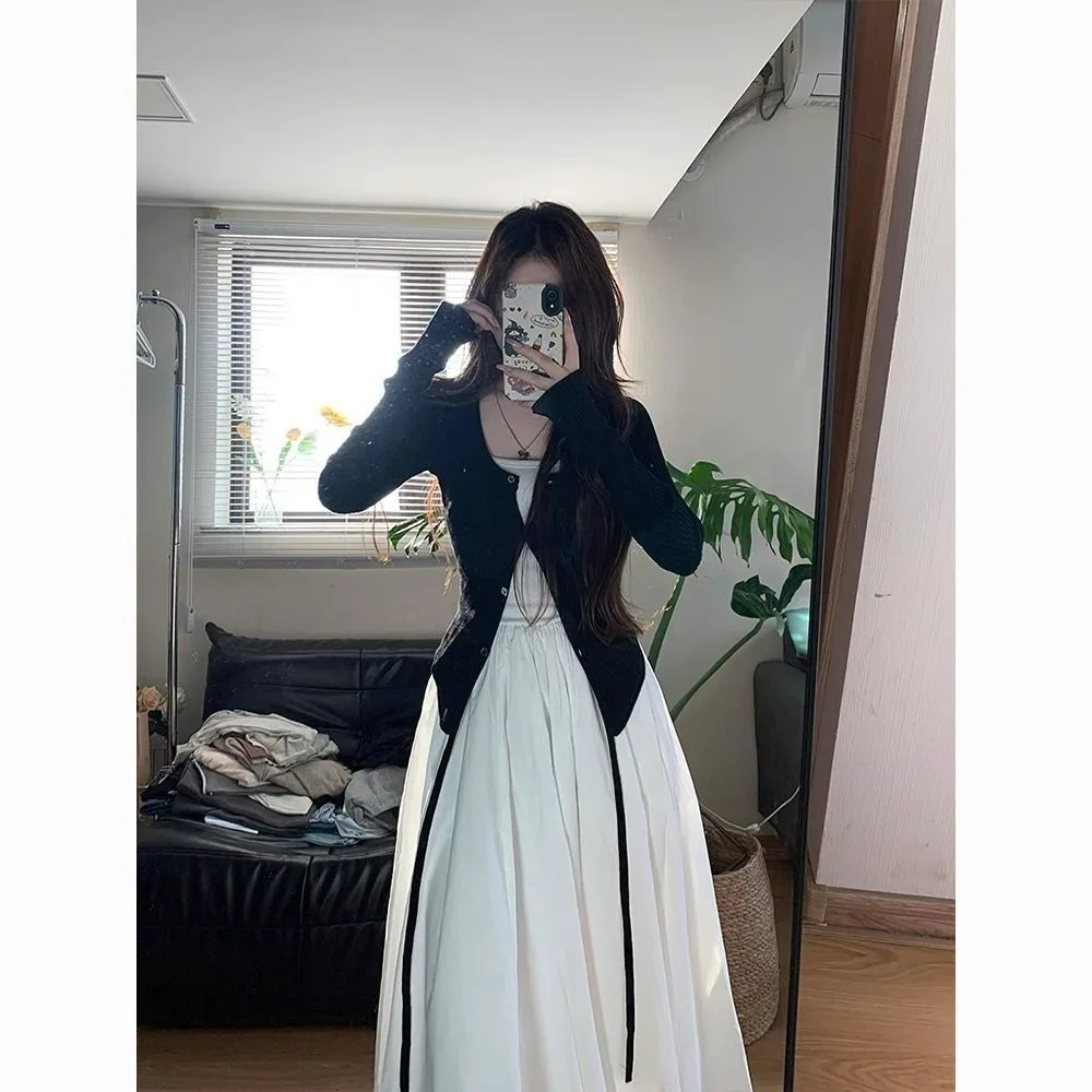 Women's Autumn French Chic Long Sleeve Knit Cardigan And Sleeveless Maxi Dress 2-Piece Set Stylish Outfit Camisole Dress White image 6