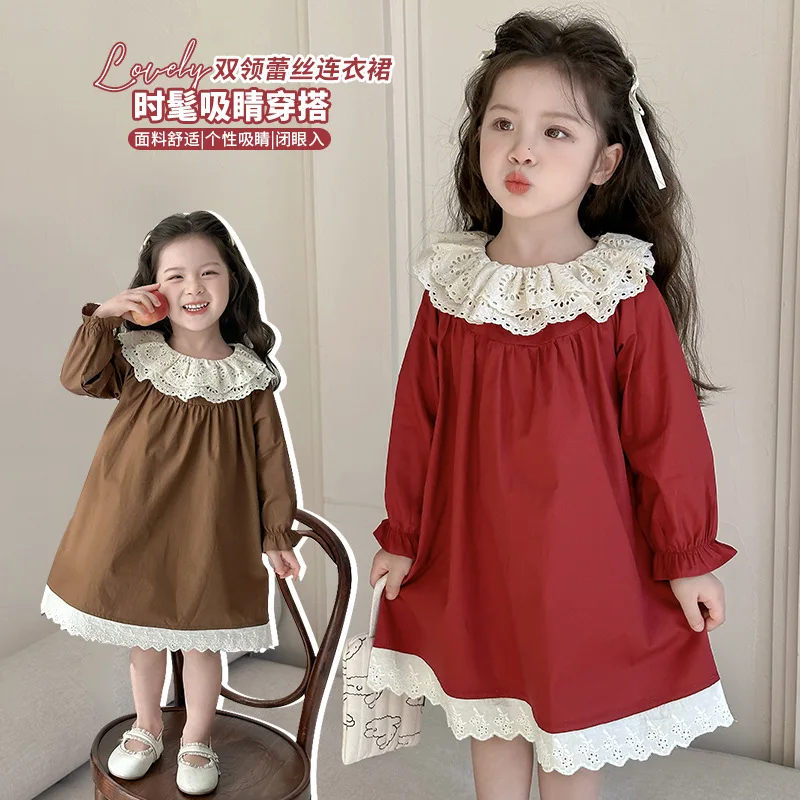 

Girls' Double Collar Lace Dress Spring and Autumn Style Children's Fashion Little Girl Princess Dress for Young Girls Spring Out