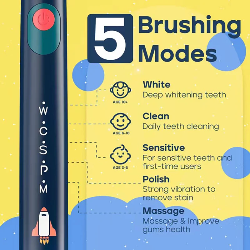 Seago Kids Electric Toothbrush for 6+Years 5 Modes Rechargeable IPX7 Waterproof Power Sonic Toothbrush Replacement Head SG-2303