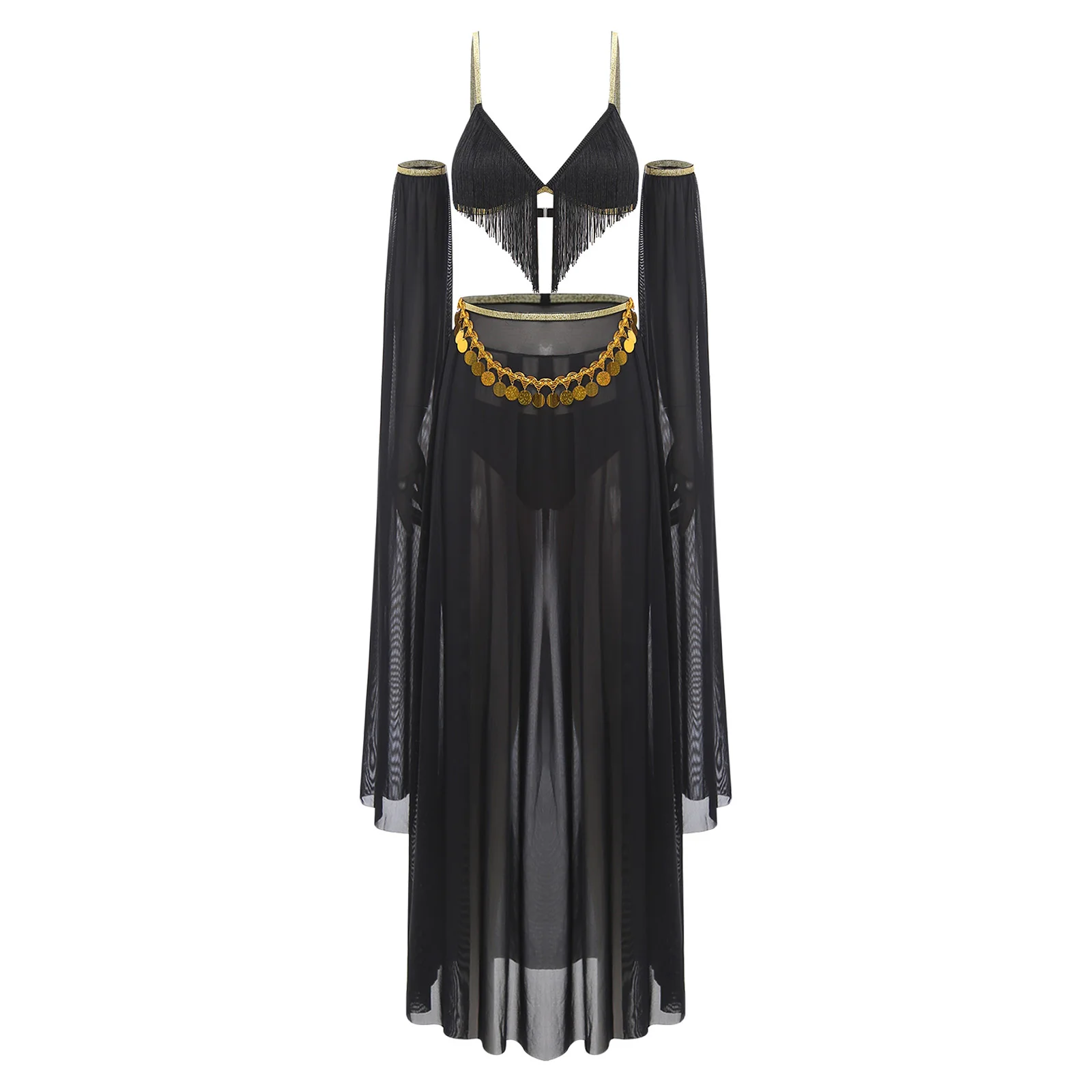 여성 섹시 벨리댄스 의상 프린지 브라 탑 팬티 하이 슬릿 메쉬 스커트 및 스팽글 허리 체인 둔황 인도 민속 무용복