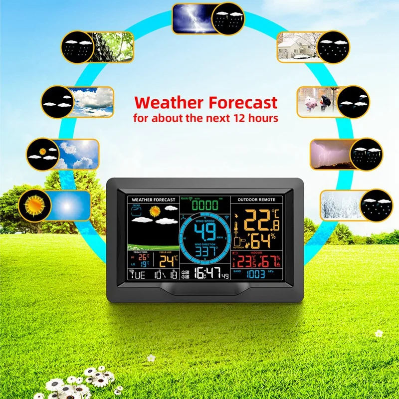 PT3390A Wireless Weather Station Temperature Humidity Sensor Wind Direction And Speed Barometric Alarm Clock EU Plug