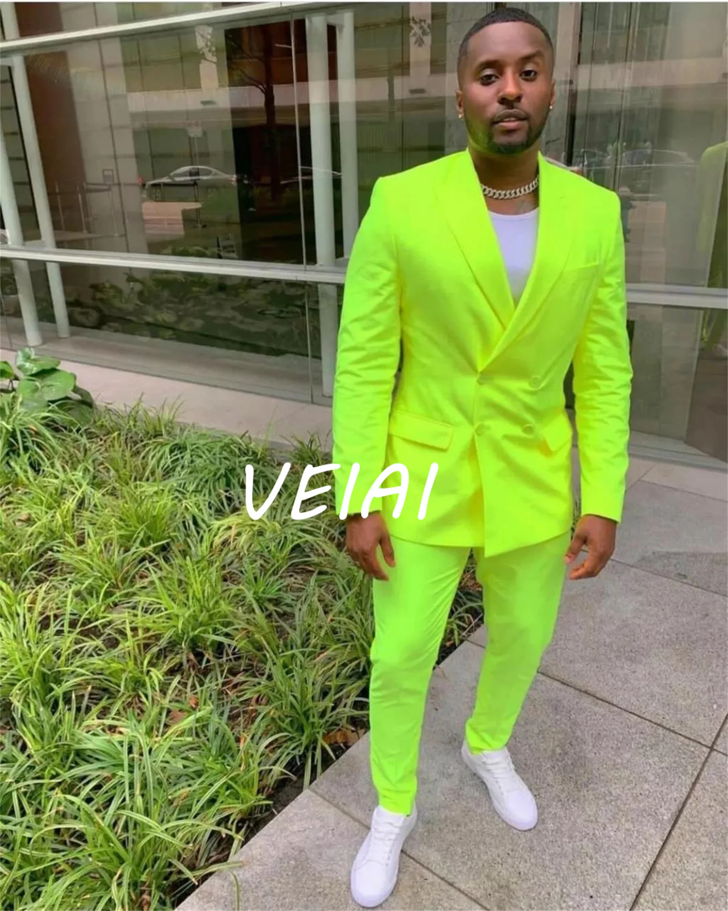 New Fluorescent Green Men Suits Tuxedo Groom Wear Wedding Costume Homme 2PCS Peak Lapel Slim Fit Terno Masculino(Jacket+Pants