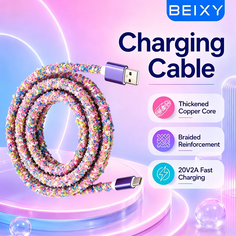 Кабель Beixy USB Type C 3 м для быстрой зарядки Samsung, Xiaomi, OnePlus, ноутбуков, яркий плетеный кабель USB C для зарядки и передачи данных.