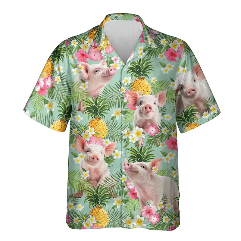 Funny Pig Graphics Hawaiian Shirts Fashion Colorful Cute Animals 3D Printed Shirts Summer Trend Holidaywear Loose Comfort Blouse