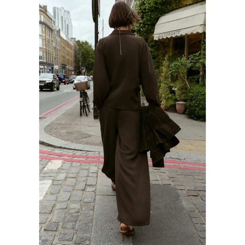 

Casual High Waist Wide Leg Pants Long Sve irt with Bow Tie Decorative Pleated Women's Faion Set Autumn Season Pure Color