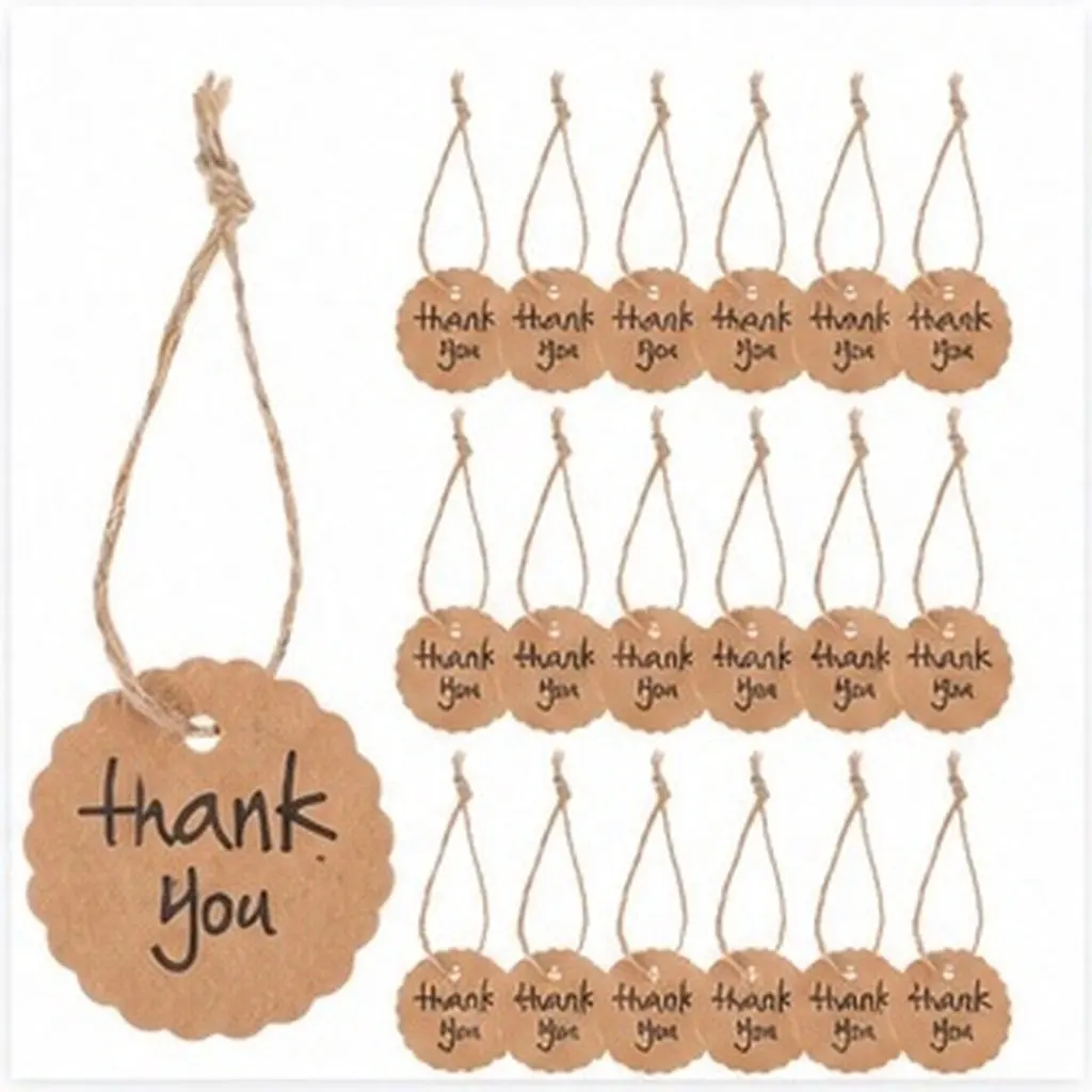 100pcs Brown Kraft Paper Scalloped Round Gift Tags 4cm Diameter with String – Wedding Favor & Thank You Labels