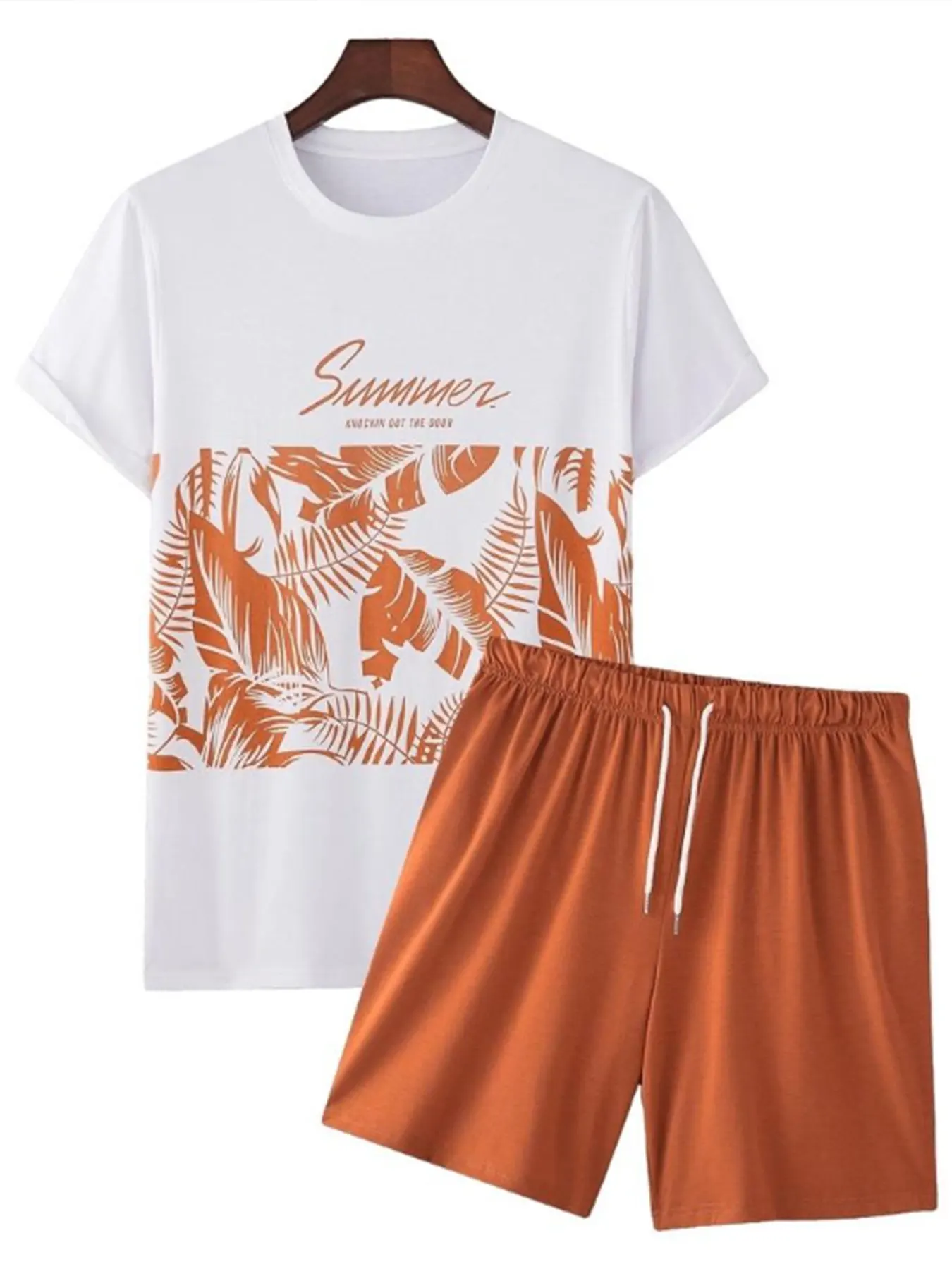 

Fashionable Luxury Men's Summer Sports Breathable Comfort 3D Outfit Streetwear Style Leaf Pattern Print T-Shirt And Shorts Set
