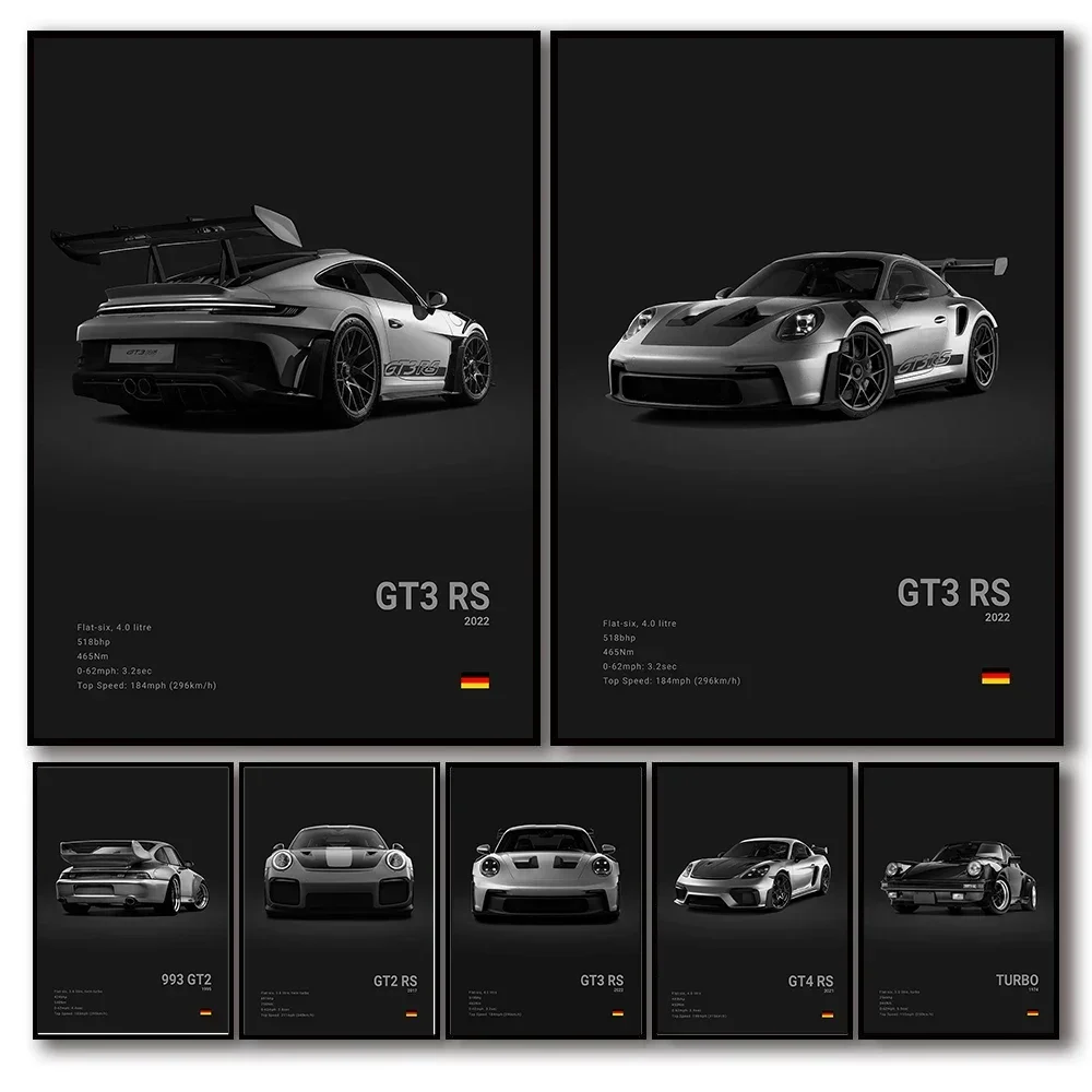 Frameless canvas paintings,Pop Black and White Germany Luxury Super Sport Car Poster Aesthetic 911 GT3 RS Turbo Canvas Print for
