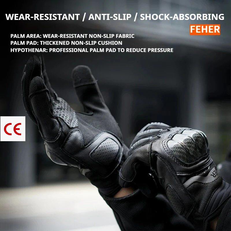 

FEHER Genuine Leather Motorbike Gloves, Men Breathable Ventilated Anti-fall Touch Screen Practical Riding Protective Accessories