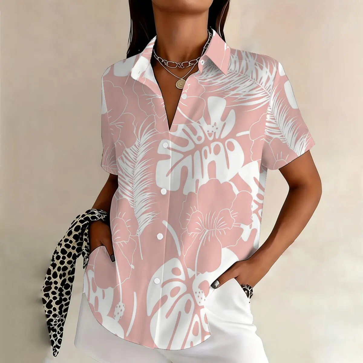

Women's plus-size fashionable short-sleeved shirt with a fresh floral print; loose fit, flattering, and slimming for summer wear