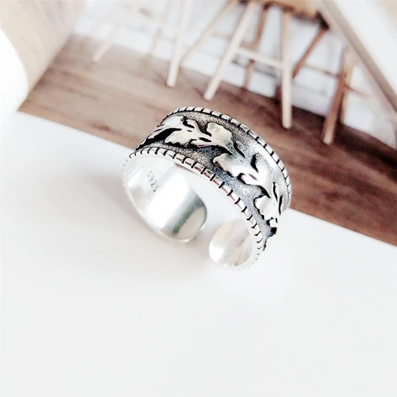 Sole Memory Retro Thai Silver Leaves Embossed Olive Branch Literary 925 Sterling Silver Female Resizable Opening Rings SRI353