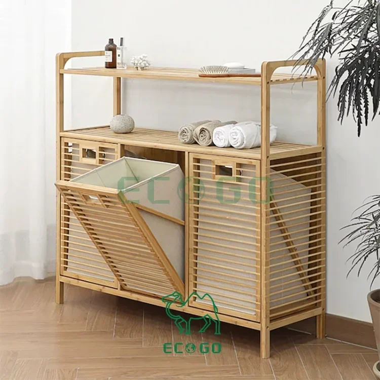 

Custom Bamboo Laundry Basket Bamboo Tilt Out Laundry Cabinet Hamper With Shelf and Liner Bags Dirty Clothes Basket for Bathroom