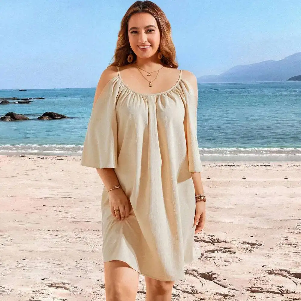 Große Größe Damen 2025, Frühjahr/Sommer, Urlaub, lässig, Rundhalsausschnitt, sexy, schulterfrei, kurzärmelig, Elegantes, lässig, Y2k