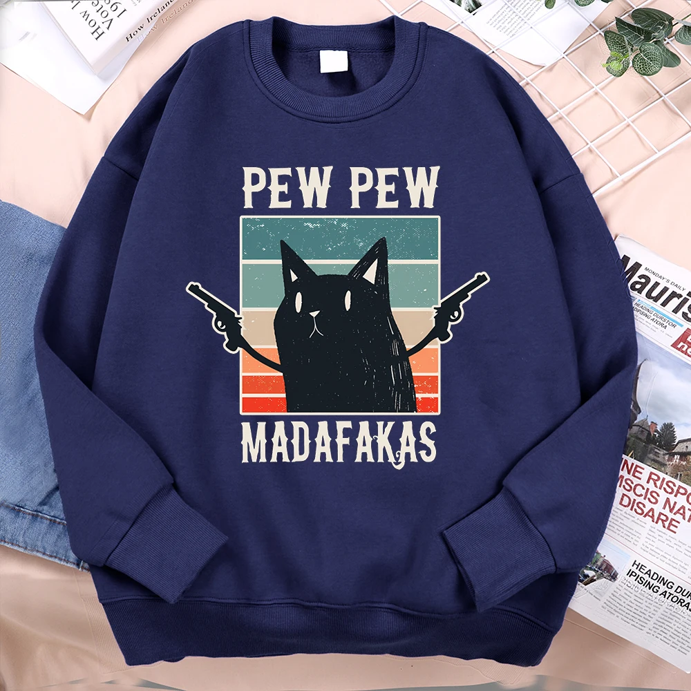 Pew Pew Madafakas Retro Black Cat Men Women Clothes Oversized Loose Hoodie Fashion Sweatshirt Hip Hop Streetwear O-Neck Hoody