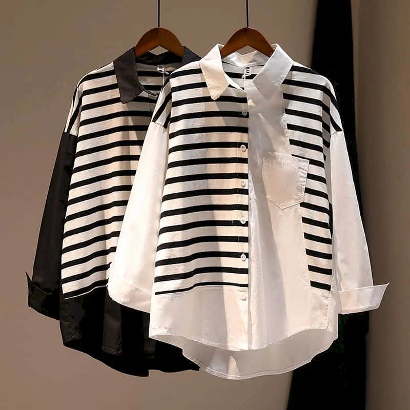 Camisas para mulheres polo-pescoço estilo coreano blusa de grandes dimensões listrado retalhos falso duas peças manga comprida casual solto feminino topos