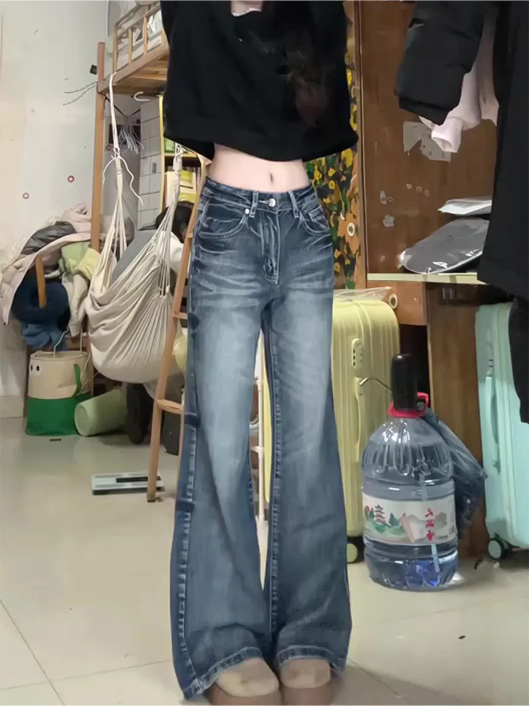 

High Waist Bell Bottom Skinny Jeans Women's Retro American Style Summer New plus Size Denim Pants Floor Length Tapered Fit