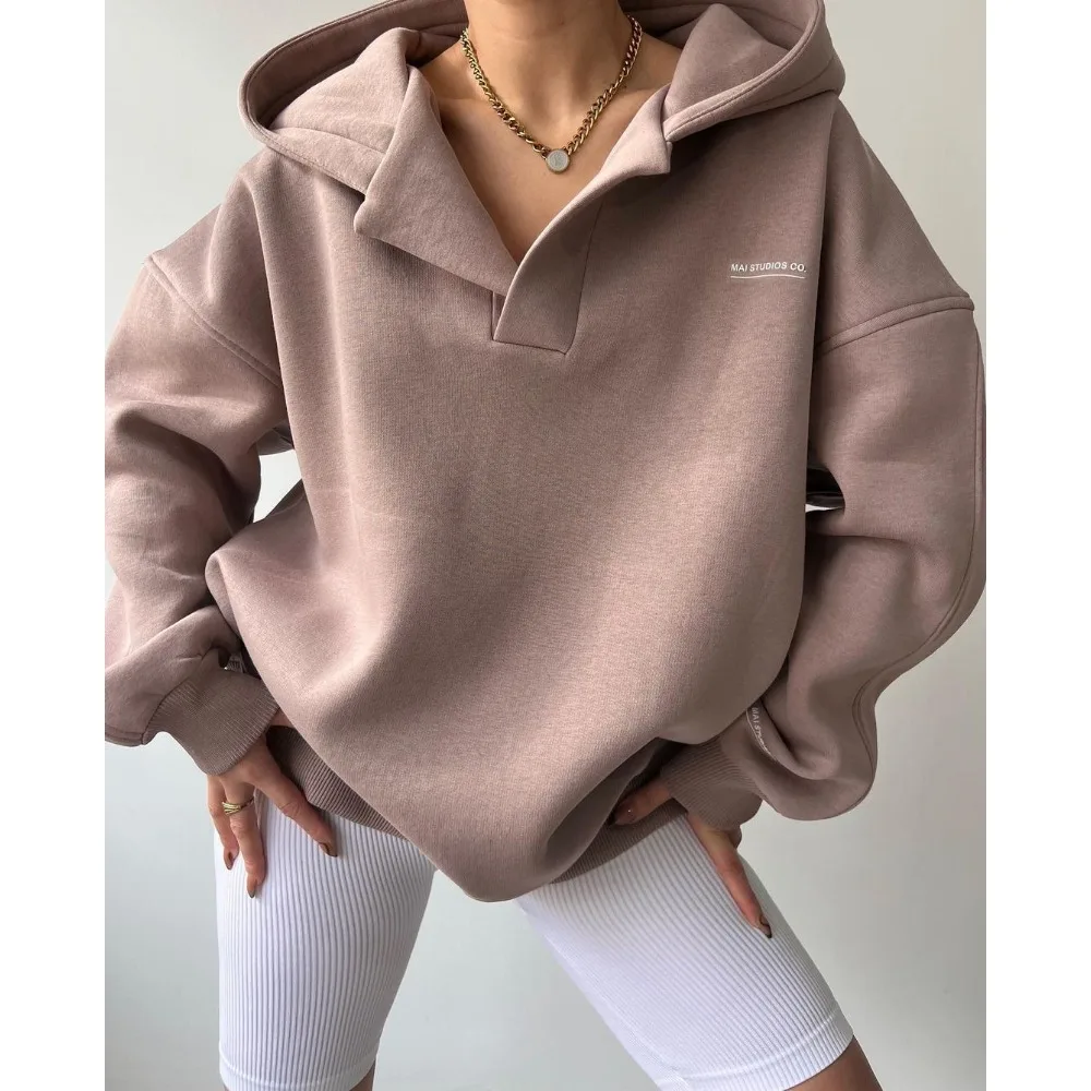 2024 New Long Sleeve Basic Oversized Hoodies V-neck Fleece Sweatshirt Hoodie Zip Up Hoodie Winter Clothes Women K Pop Streetwear