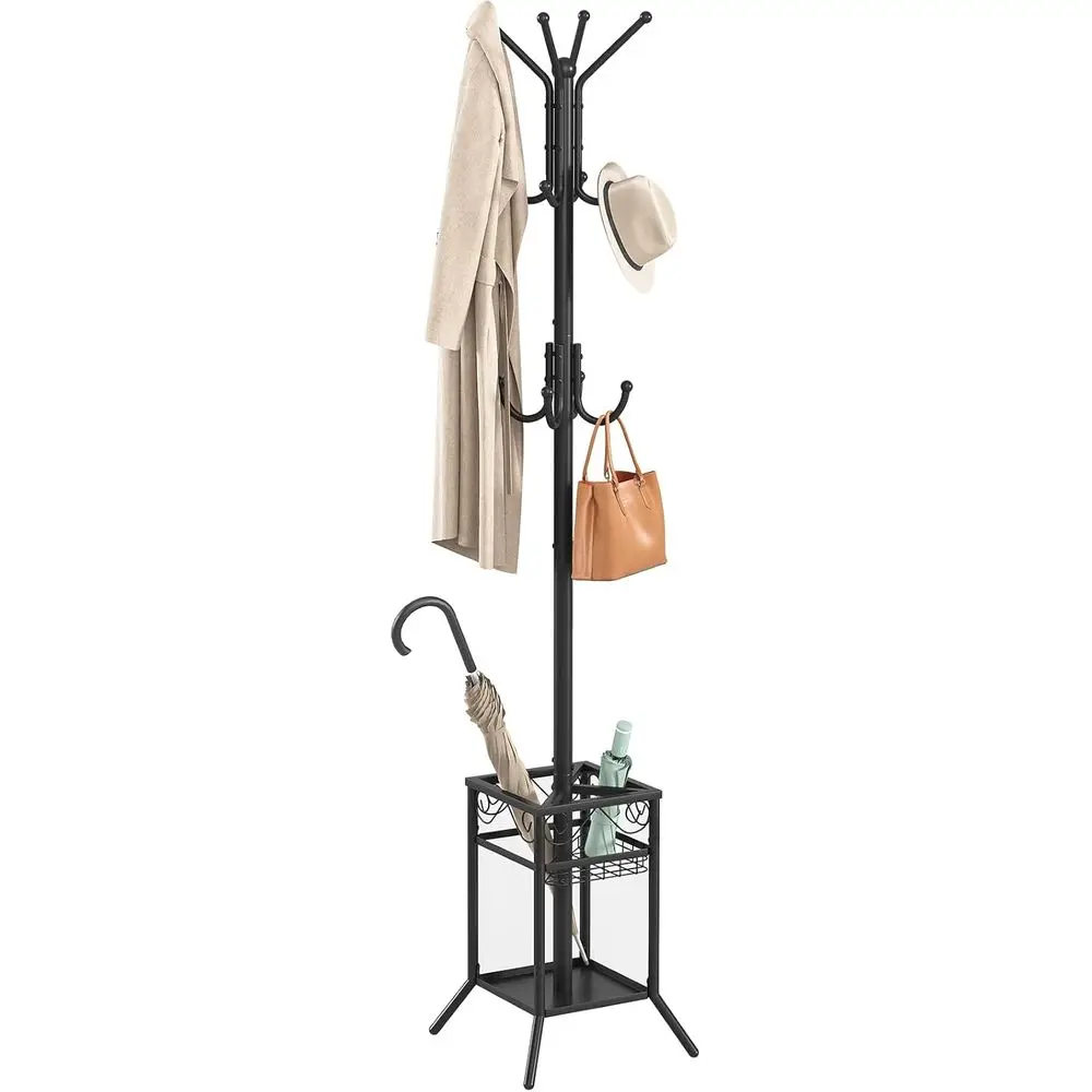 

Coat Rack reestanding, Metal Coat Rack Stand with Umbrella Holder, ern Coat Tree with 12 Hooks, loor Standing Hall Tree or Entry