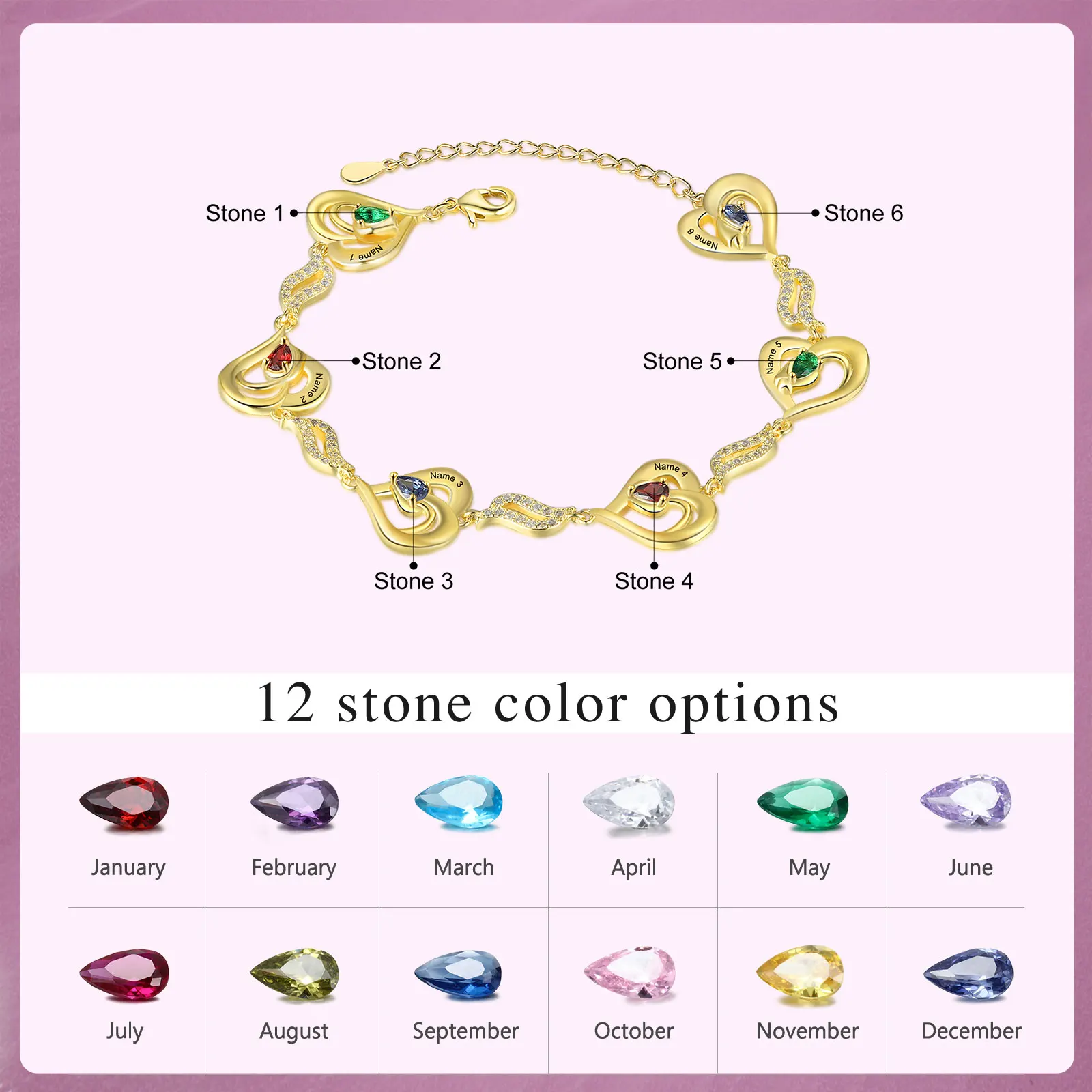 Customized 3-6 Birthstones Heart Gold Bracelets with Zircon Personalized Name Engraved Bracelet Mothers Day Gift For Mum