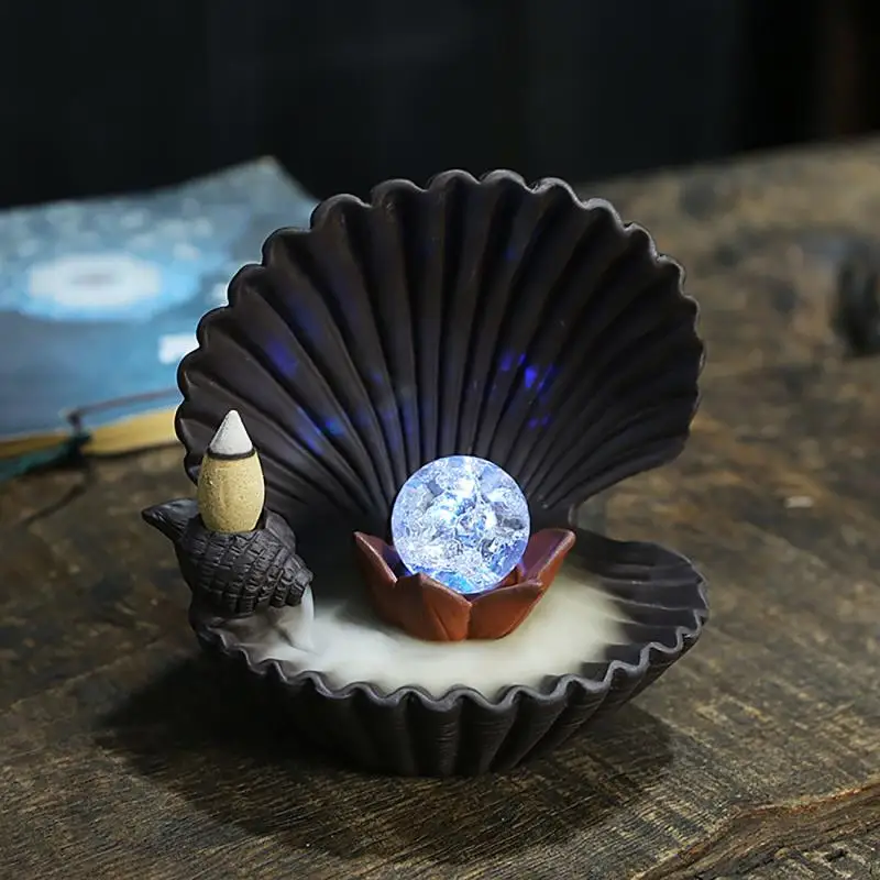 

Creative Smoke Waterfall Incense Holder Cense7-Color Change Incense Burner Handmade Shell Shape Ceramic Backflow Incense Burner