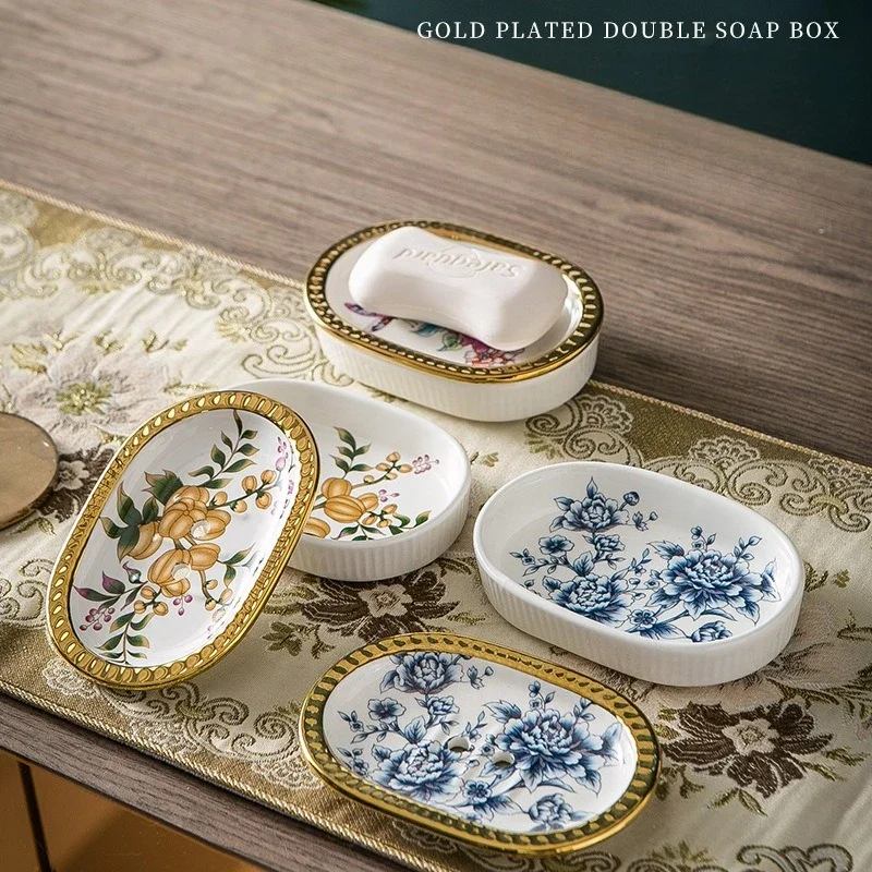 Self Draining Soap Dish, Double-Layer Bar Soap Tray, White Ceramic Soap Dish with Elegant Patterns