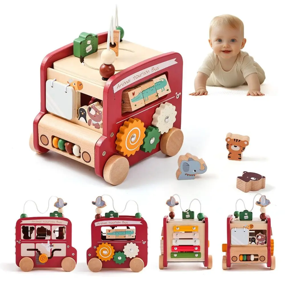 

Wooden Early Education Toys Multi-purpose Design Animal Theme Bus Toy Sound Feature Hand And Foot Movemen Logical Thinking Toy
