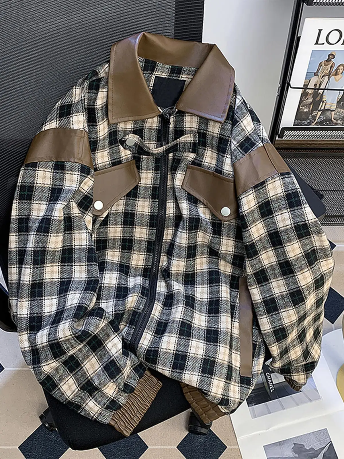 

Casual Plaid PU Leather Baseball Jaet ex ort Sle Patchwork Design Spring Autumn Wear for Youth Commuting Workwear