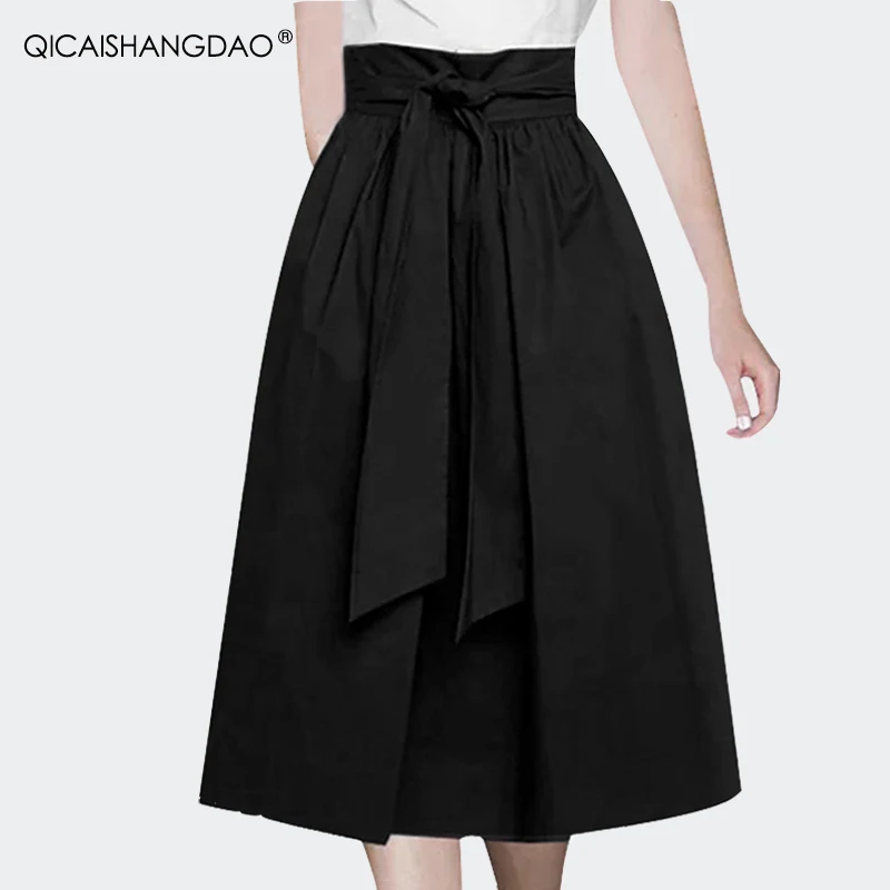 Fashion Mid-Length Solid Color Cotton Skirt Women\' Spring Summer High Waist A-line Skirts With Pockets Belt Lace-up Casual Skirt