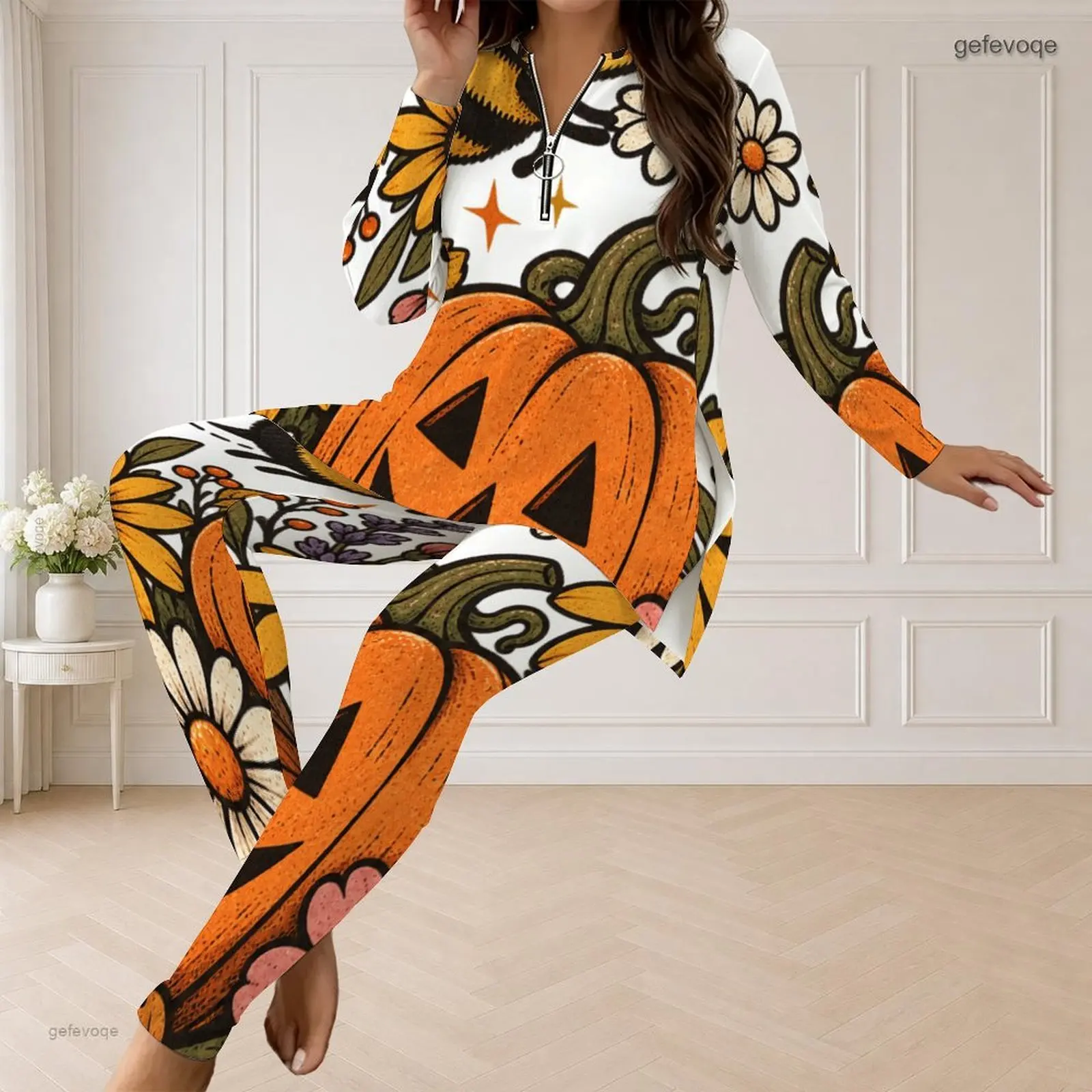 Fall Graphic Print Plus Size Sets Women V Neck Cute Pumpkin Floral Harvest Plus Size Clothes Womens Clothing For Loungewear
