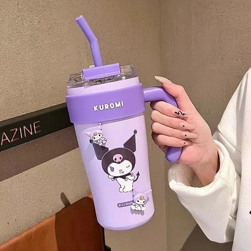 860ml Sanrio Hello Kitty Thermos Bottle Cold Ice Kuromi Cinnamoroll High-capacity Straw Stainless Steel Water Bottle Tumbler Cup