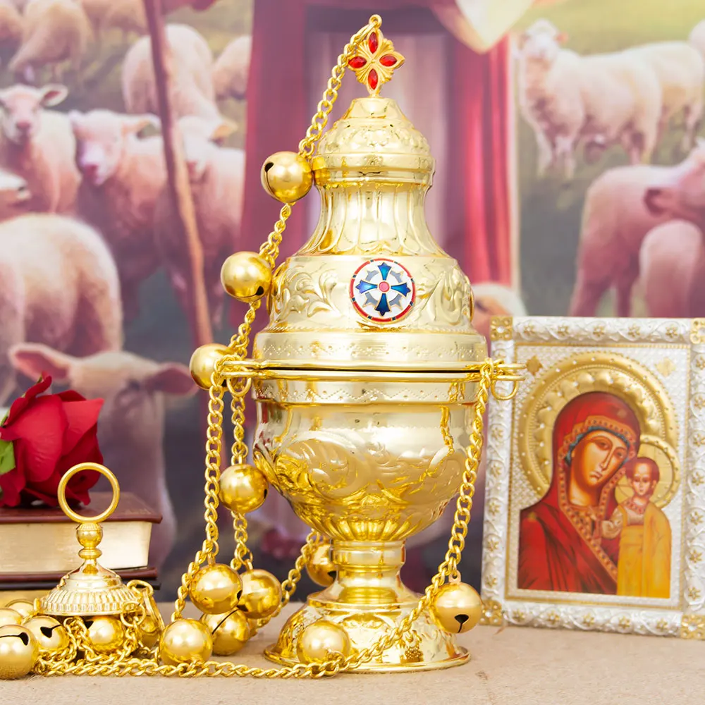 Neuer orthodoxer Weihrauchbrenner mit Kette und Glocken aus vergoldeter Zinklegierung, für Kirchenzeremonien, mit traditionellem Design, Geschenk. – Detail 14