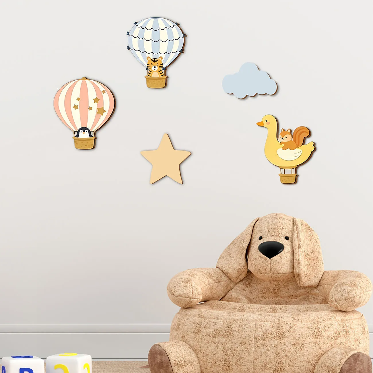 5Pcs Animal Hot Air Balloon Wooden Wall Stickers Nursery Kids Room Decor view 4