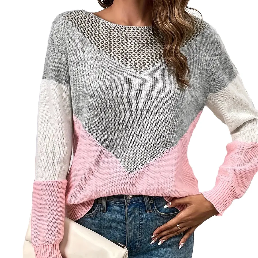 Chompas De Invierno Mujer Round Neck Hollow Color-blocking Autumn And Winter Long-sleeved Warm Pullover Sweater De Talla Grande