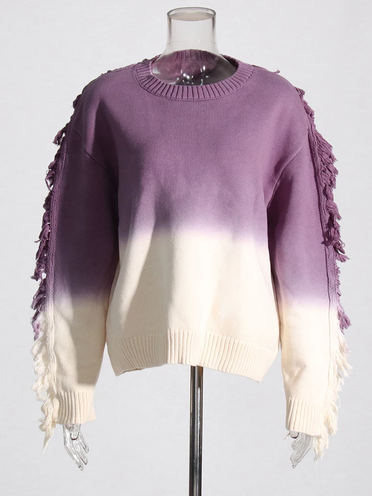 TWOTWINSTYLE Ombre Casual Sweaters For Women O Neck Long Sleeve Patchwork Tassel Temperament Loose Sweater Female Fashion Style