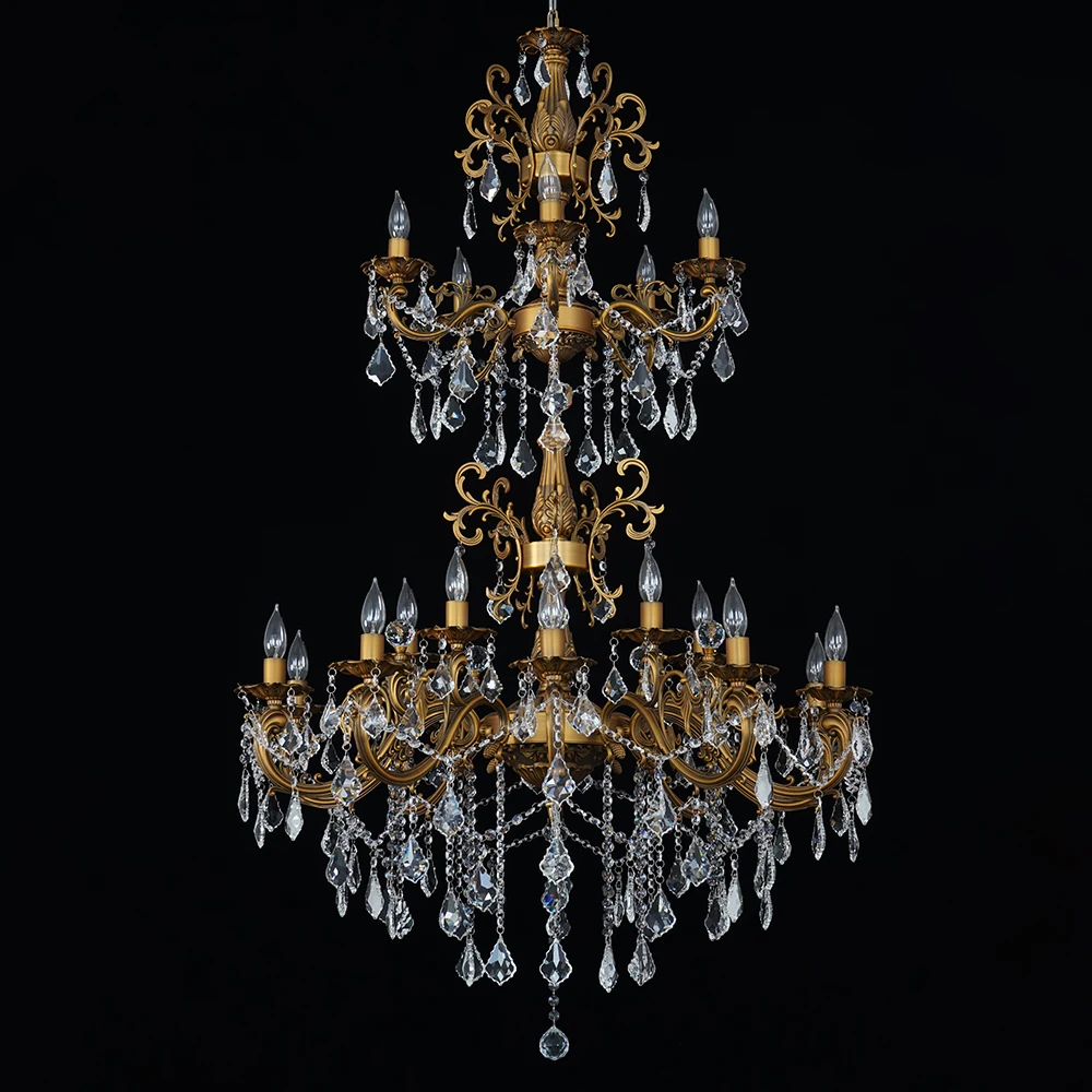 Antique Gold Chandelier Long High Ceiling Modern Crystal Chandelier Lighting Entry Grand Living Room Crystal Candle Light