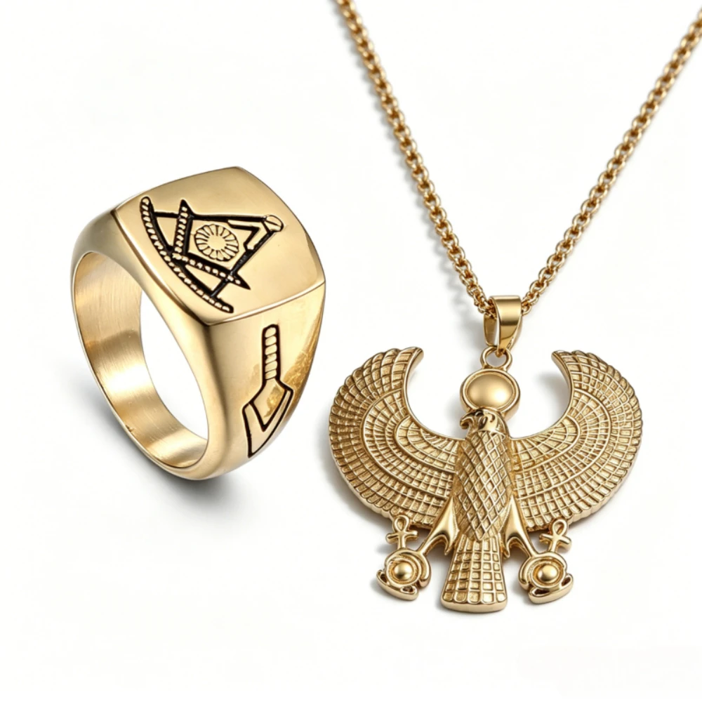 

Men's Egyptian Horus Falcon Pendant Necklace & Masonic Ring Set, Gold Plated Stainless Steel Vintage Religious Jewelry