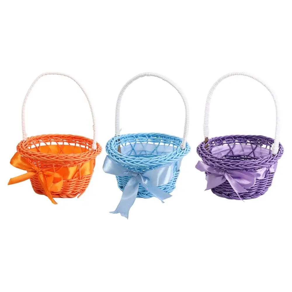

Imitation Rattan Round Small Flower Basket Pink/Purple/Orange/Blue/Yellow Decorative Woven Hand-held Flower Basket with handle