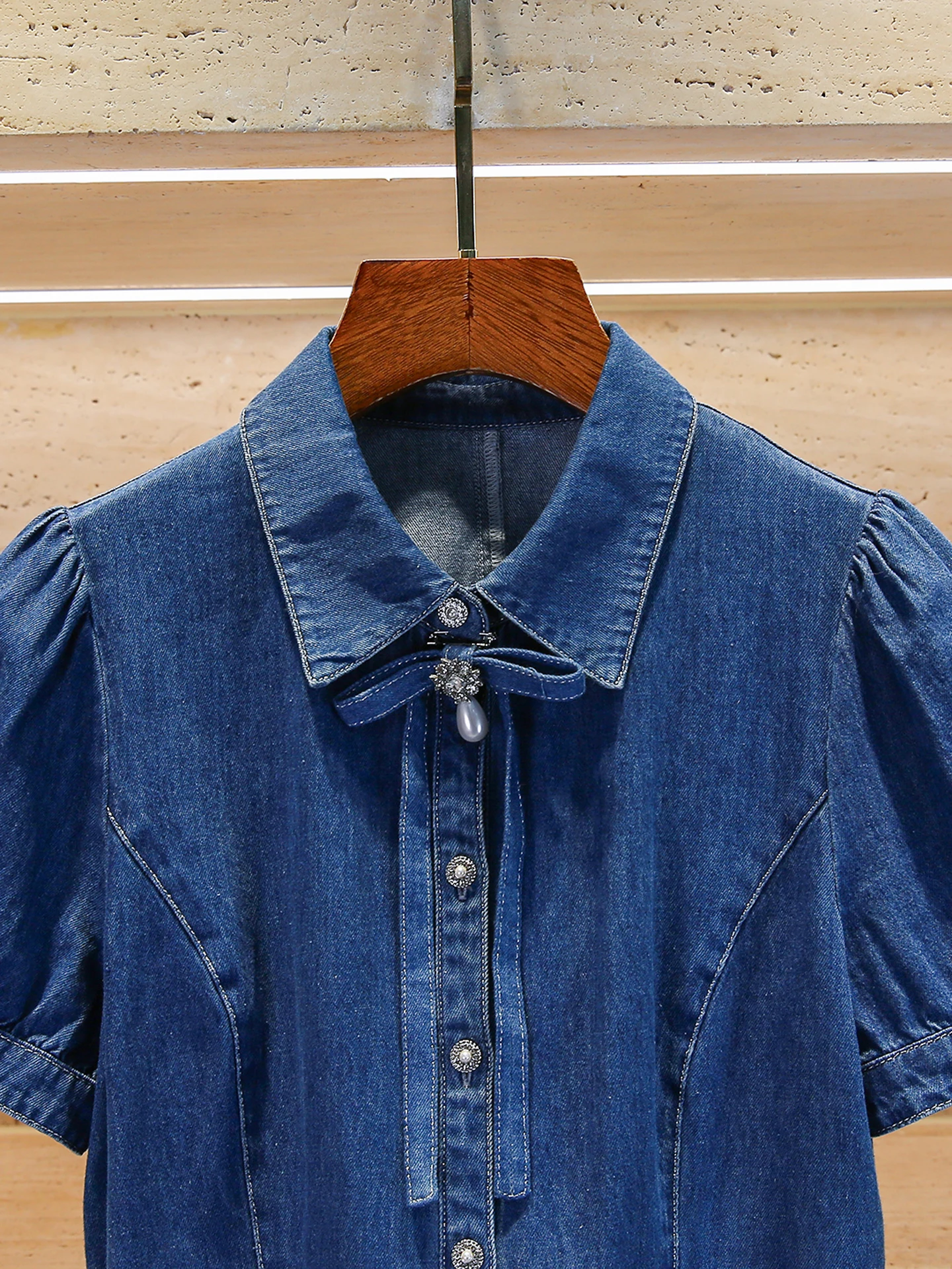 

High Waist Commuter Sle Women's irt Knot Bubble Sve Denim Top ort Sve Flip Collar Pure Color Casual Wear