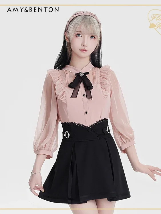 Japanese Chiffon Transparent Long-sleeved Rhinestone Bow 7-point-sleeved Shirt High-waisted Slim Skirt Sweet Two-piece Set Women