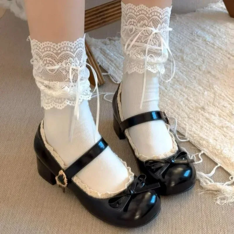 

Носки в стиле Лолиты для женщин и девочек, балетные мягкие дышащие штабелируемые носки до щиколотки с кружевным бантом, повседневная одежда, модные чулки JK