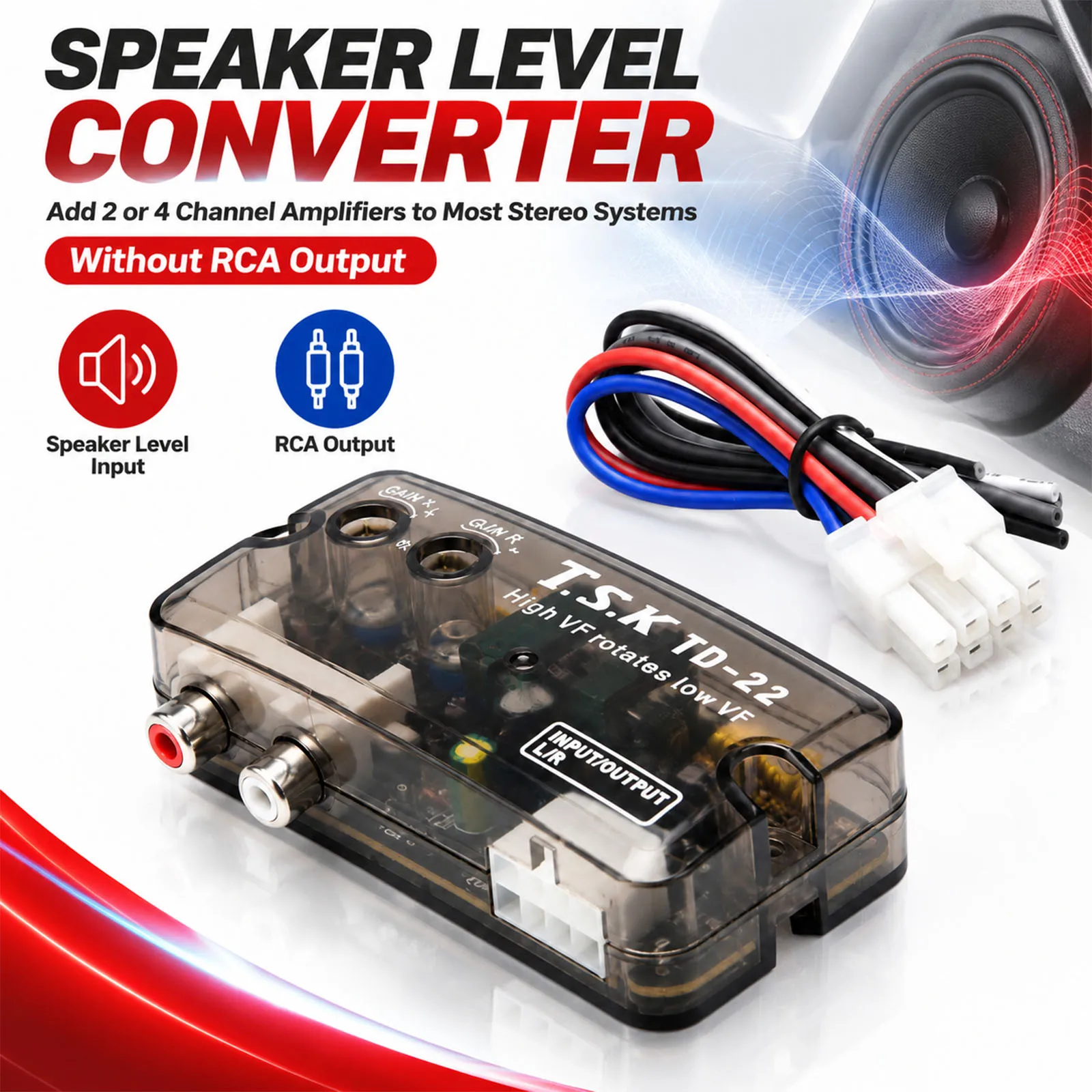 Car Audio Speaker Level Converter High to Low RCA Line Output Adapter for 2/4 Channel Amplifier 80W 12V Subwoofer