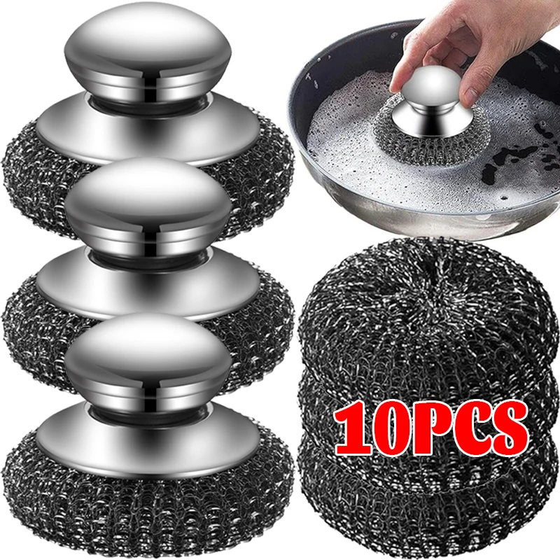 Stainless Steel Pot Brush with Handle Heavy Duty Dishwashing Wire Ball Metal Scrubber for Kitchen Dishes Grills Sink Cleaning
