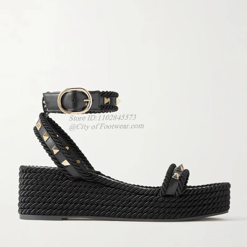 Rockstud Skórzane espadryle na platformie Letnie sandały damskie z paskiem na kostkę Luksusowe designerskie wygodne buty w ofercie