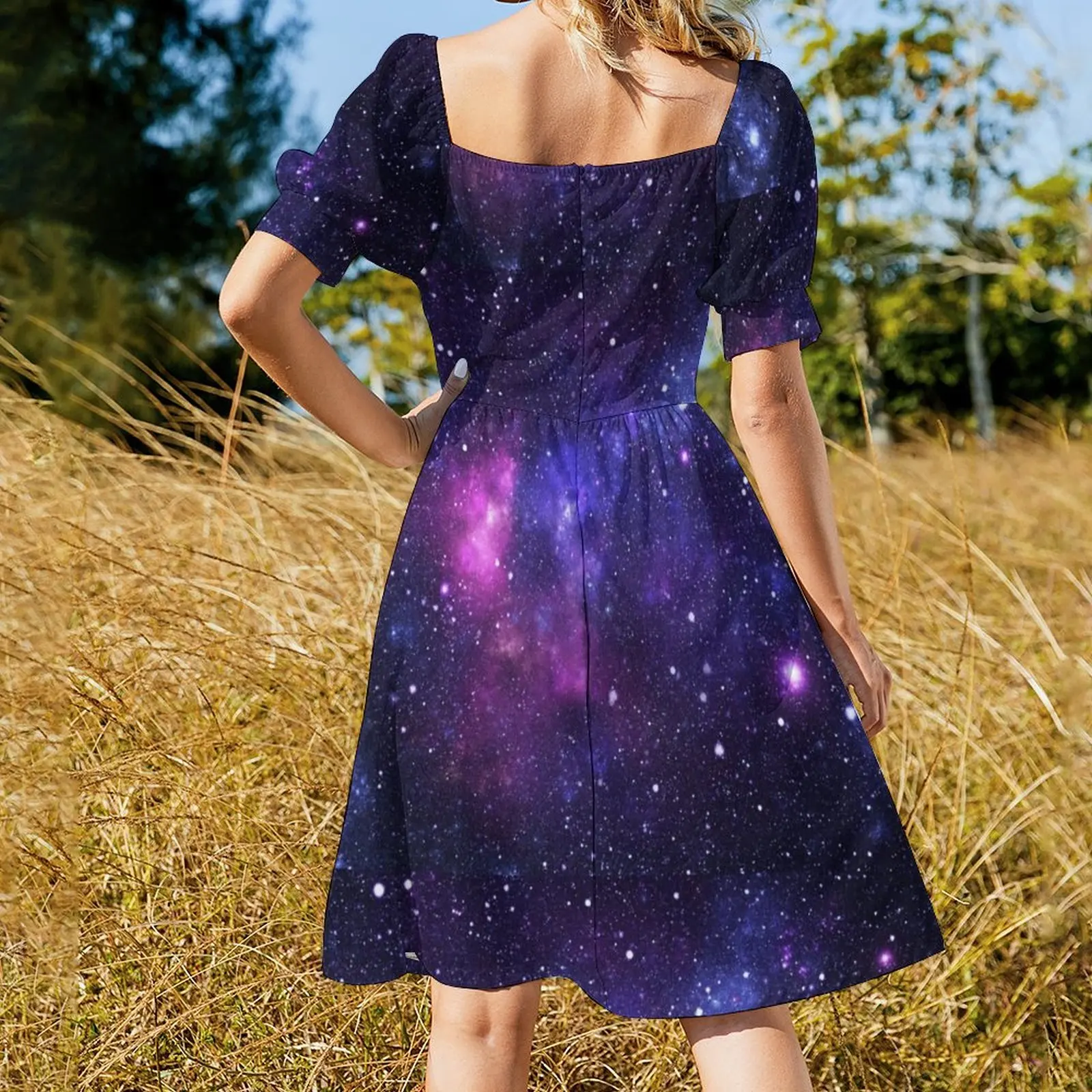 Vestido morado de manga corta con estrellas de la nebulosa y galaxia, vestido largo para mujer, ropa de verano para mujer 2025