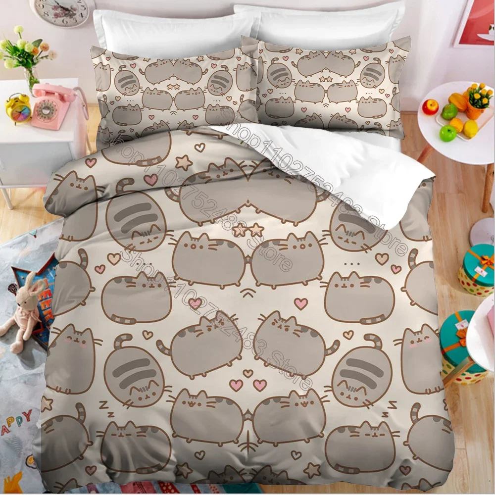 Pusheen Bedding Set Kawaii Pillowcase Quilt Cover Anime Bedclothes Cartoon Printed Quilt Cover Duvet Child Bedroom Decoration